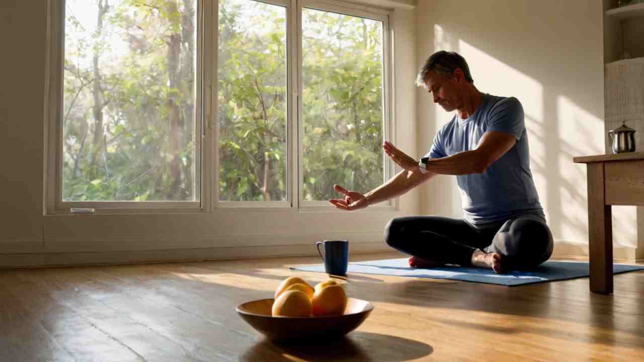 Person stretching in the morning with a healthy breakfast and a glass of water on a table by the window