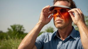 A sweaty man wearing a blue shirt and gray visor adjusts his orange-tinted sunglasses under the bright sun, with his face appearing textured like an orange peel.