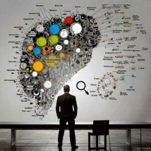 A businessman analyzing a large abstract mind map filled with colorful nodes and intricate connections, symbolizing creative thinking and problem-solving strategies.