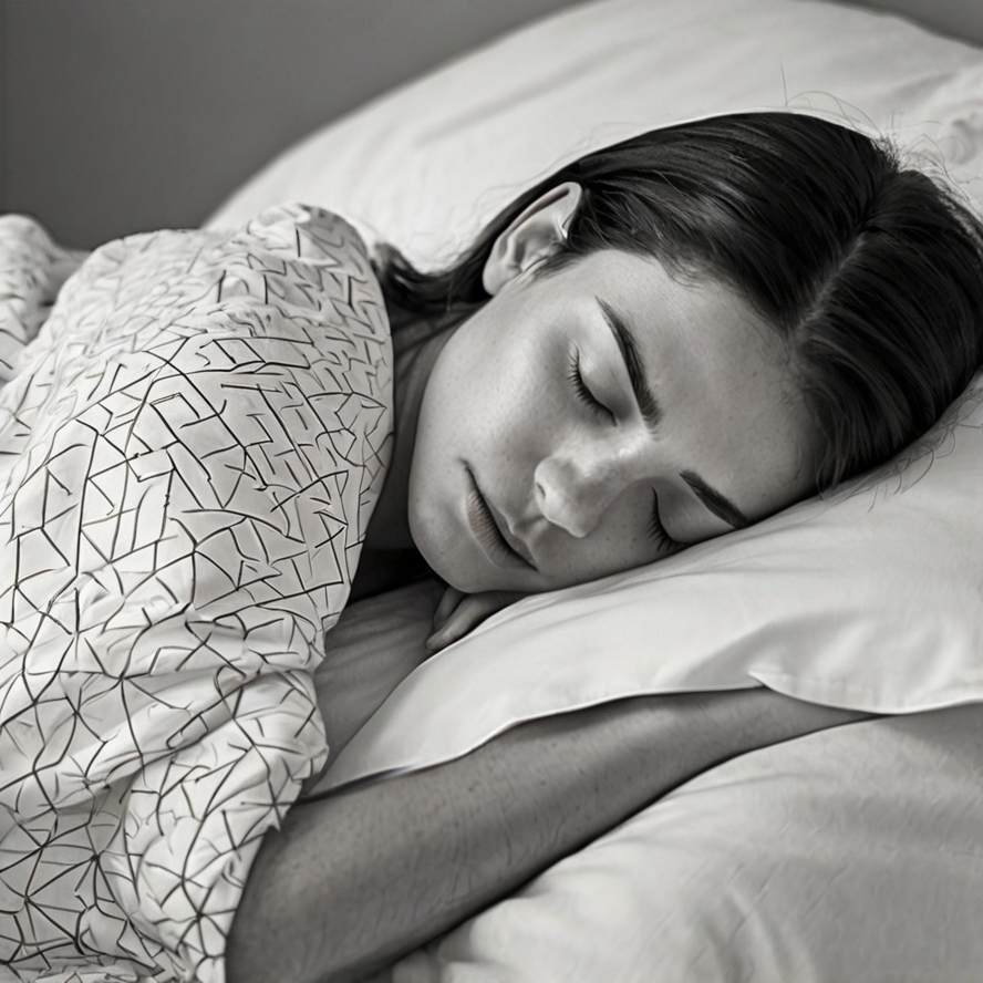 A young woman with dark hair sleeps peacefully on a white pillow, wrapped in a patterned blanket. The monochrome image emphasizes comfort and relaxation.