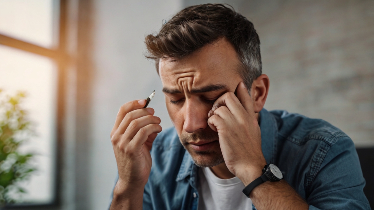 A stressed man in a denim shirt sitting in a bright room, holding a pen and rubbing his temple with a frustrated expression.