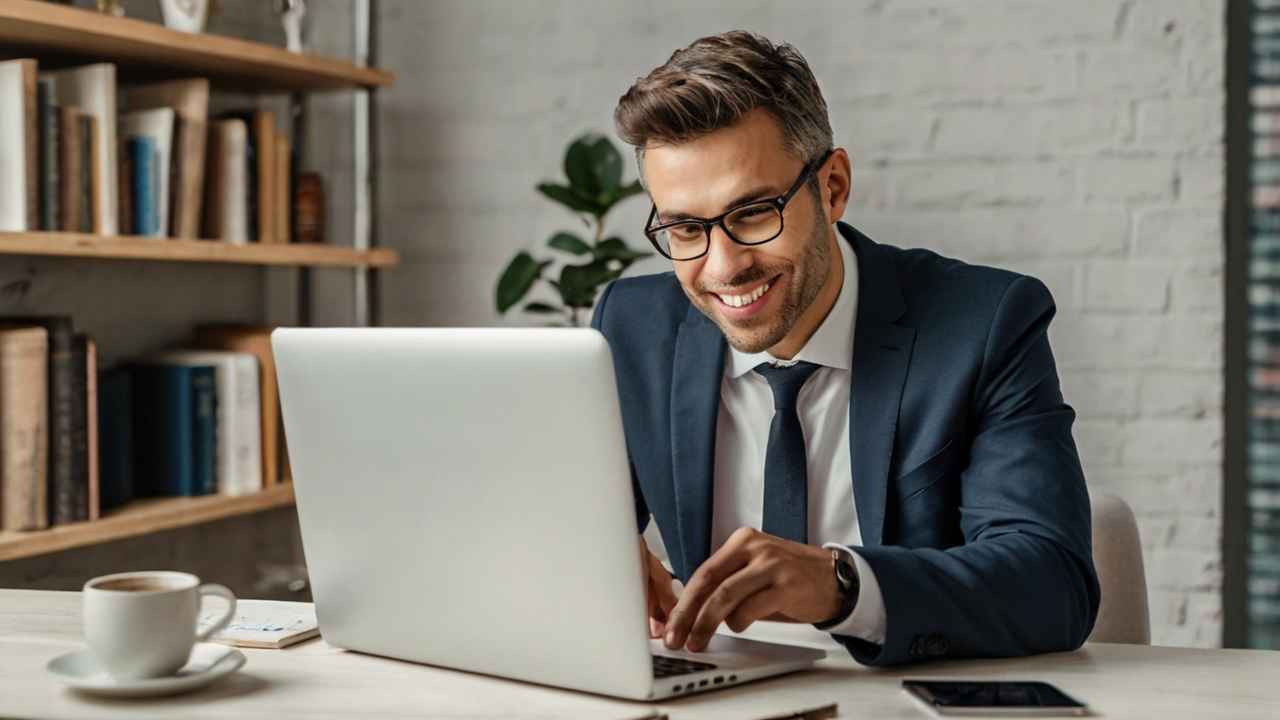 A smiling businessman in a navy blue suit and glasses working on a laptop in a modern office with bookshelves and a cup of coffee on the desk.