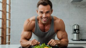 A smiling, muscular man in a gray tank top leaning over a kitchen counter with a fork and knife, ready to eat a fresh green salad.