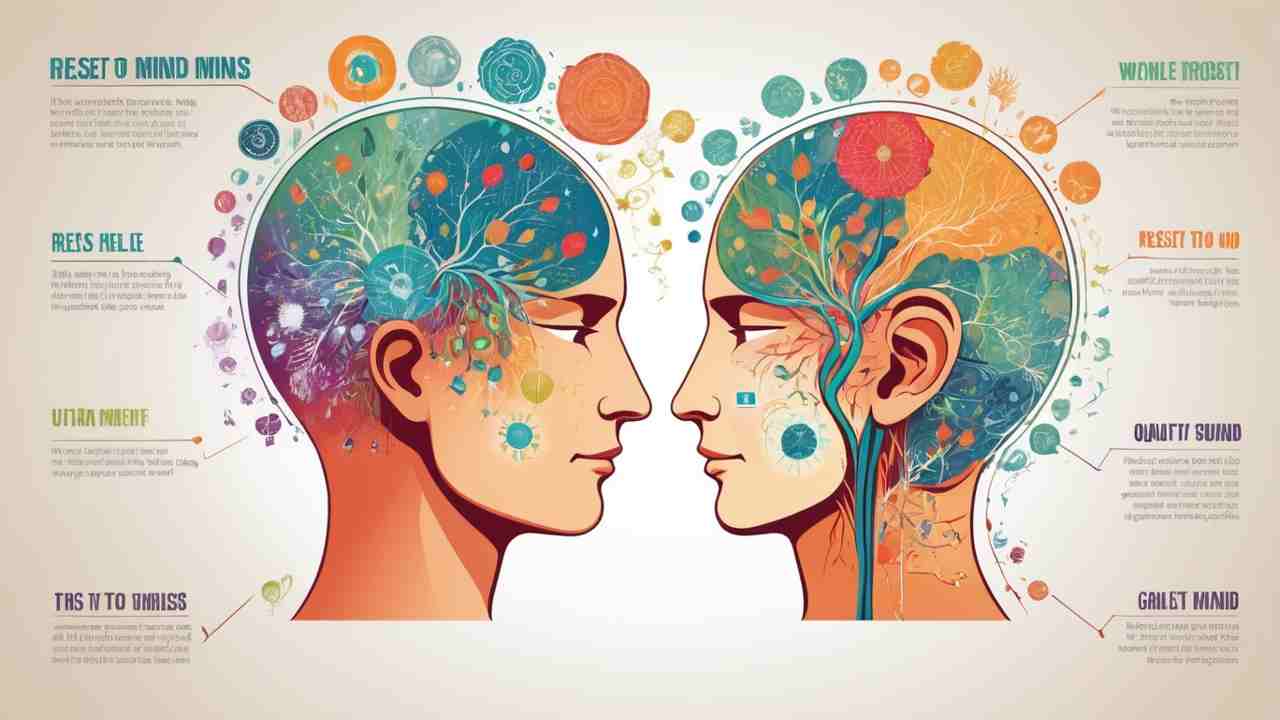 Vibrant infographic showing two human heads facing each other, with colorful tree-like neural patterns inside their brains. Around the heads are decorative icons and text bubbles illustrating techniques to reset the mind, such as meditation, nature exposure, and sound healing."