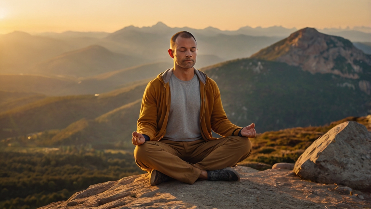 A person meditating peacefully on a mountain at sunrise, representing self-discipline and inner strength.