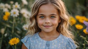Smiling young girl with blonde wavy hair wearing a blue floral dress, standing in a field of yellow and white flowers."
