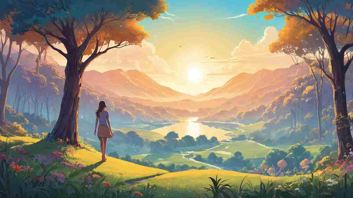 A woman stands on a grassy hill at sunrise, overlooking a peaceful valley with a winding river, surrounded by mountains and forest.