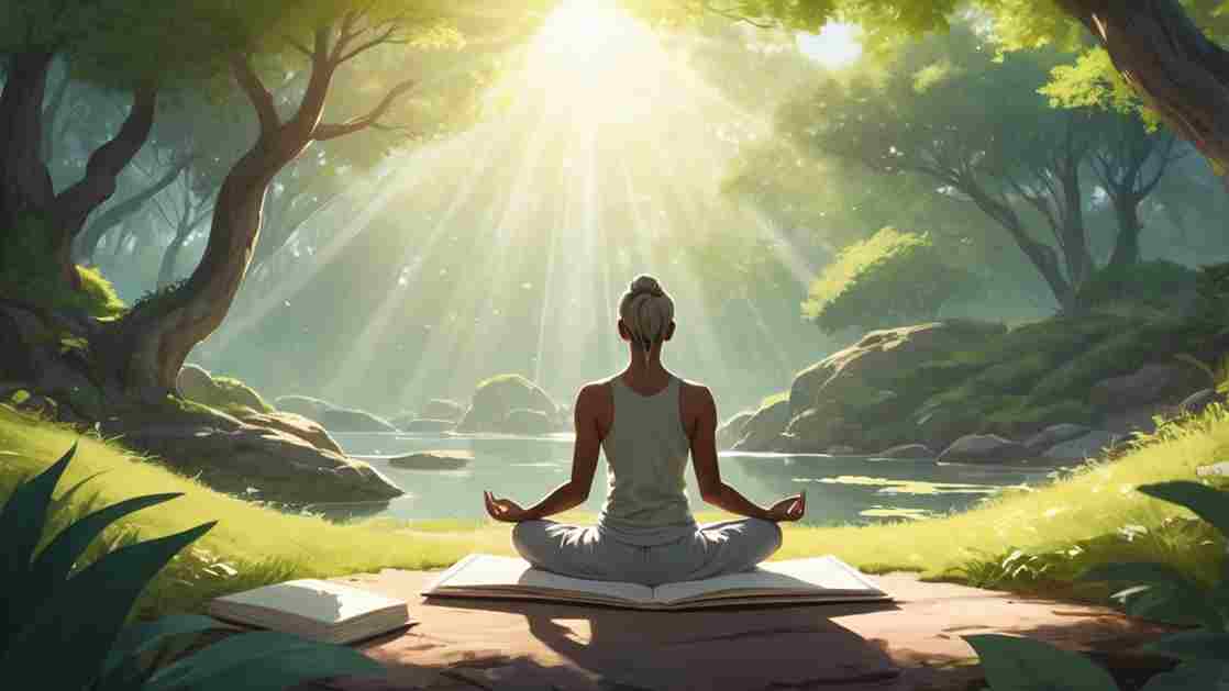 Person meditating outdoors in natural light surrounded by greenery, symbolizing calmness and mental health mood improvement