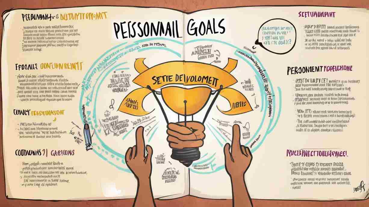 Illustrated infographic of personal development goals with a central image of a light bulb held by two hands, surrounded by colorful handwritten text and diagrams.