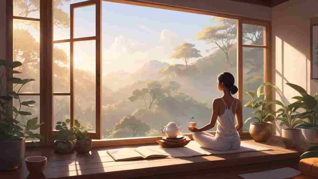 Person meditating outdoors in natural light surrounded by greenery, symbolizing calmness and mental health mood improvemen