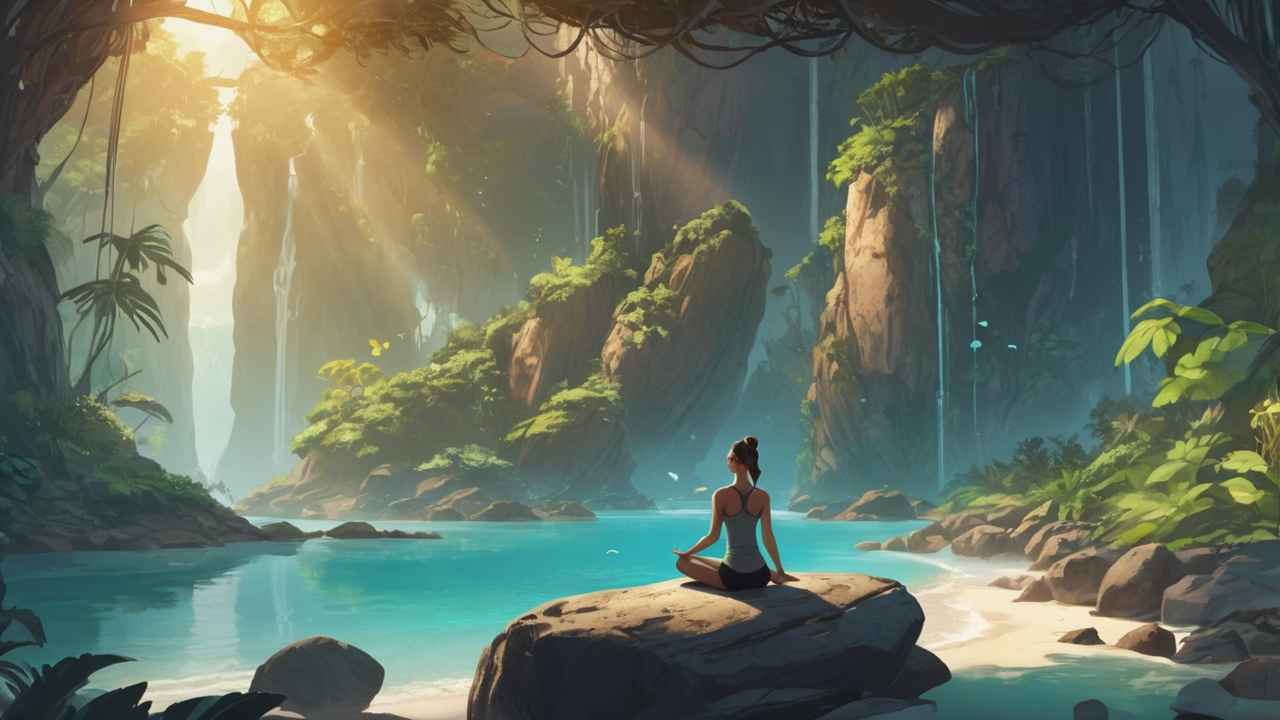 A woman meditating on a rock beside a tranquil turquoise lagoon surrounded by lush jungle cliffs and waterfalls, with sun rays streaming through the trees.