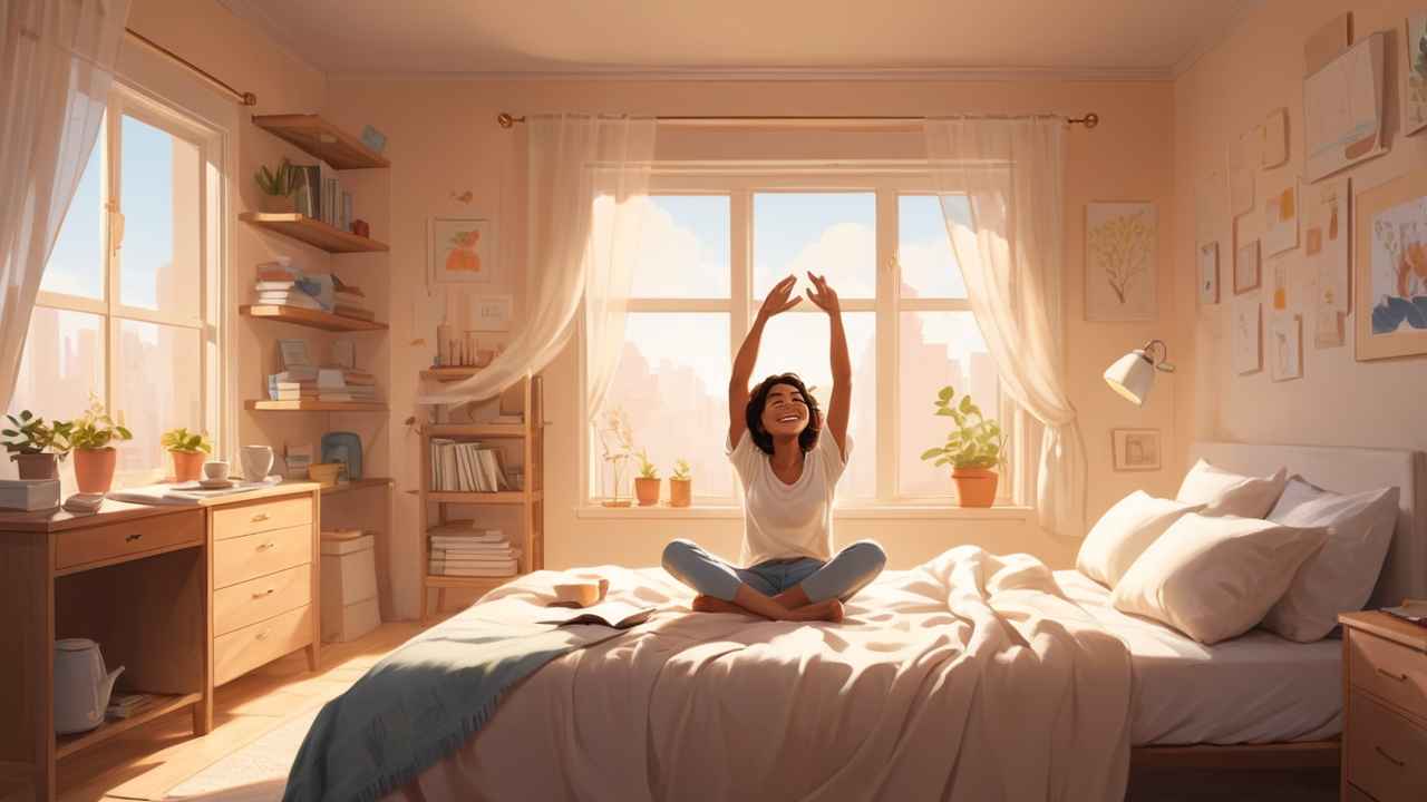 Young person stretching happily on bed in bright morning sunlight with tea and journal nearby, symbolizing morning motivation and energized start.